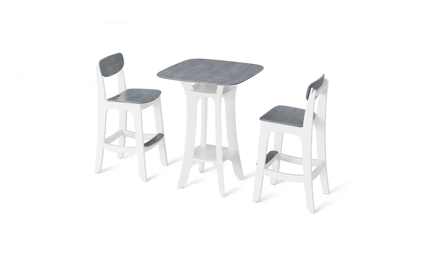 The Haven Hightop Set by Ledge Lounger includes a minimalist rectangular table and two Haven patio chairs. Both the table and chair frames are white with gray surfaces, while the chairs have matching gray seats and backrests for a clean, modern look.