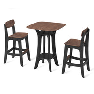 Ledge Loungers Haven Hightop Set includes a small wooden dining table with a dark brown finish and two matching chairs. The set features square table design with chairs having light brown backs and seats, combining simplicity with modern style.