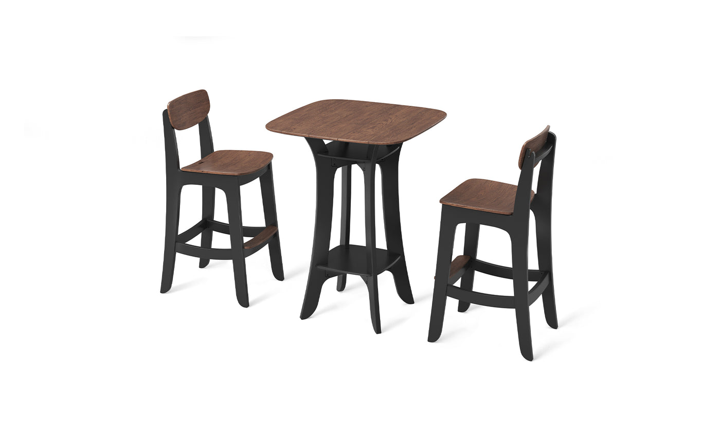 Ledge Loungers Haven Hightop Set includes a small wooden dining table with a dark brown finish and two matching chairs. The set features square table design with chairs having light brown backs and seats, combining simplicity with modern style.