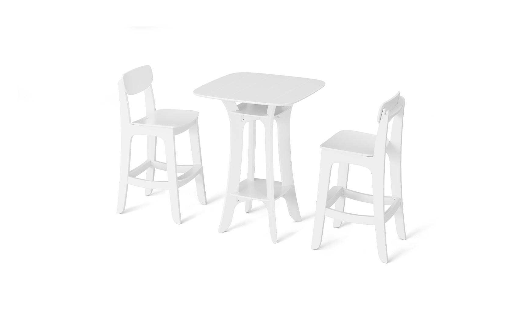 The Haven Hightop Set by Ledge Lounger includes a small square white table with curved legs and two matching patio chairs, each featuring elegantly curved backrests.