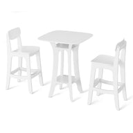 The Haven Hightop Set by Ledge Lounger includes a minimalist white rectangular table with a lower shelf and two sleek Haven chairs, all designed with clean lines for a modern aesthetic, set against a white background.