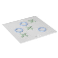 The Checkers & Tic Tac Toe board from Ledge Lounger displays light green Xs and light blue Os on a white background, with the completed game showing two horizontal Os surrounded by Xs, capturing the strategic charm of a giant lawn game.
