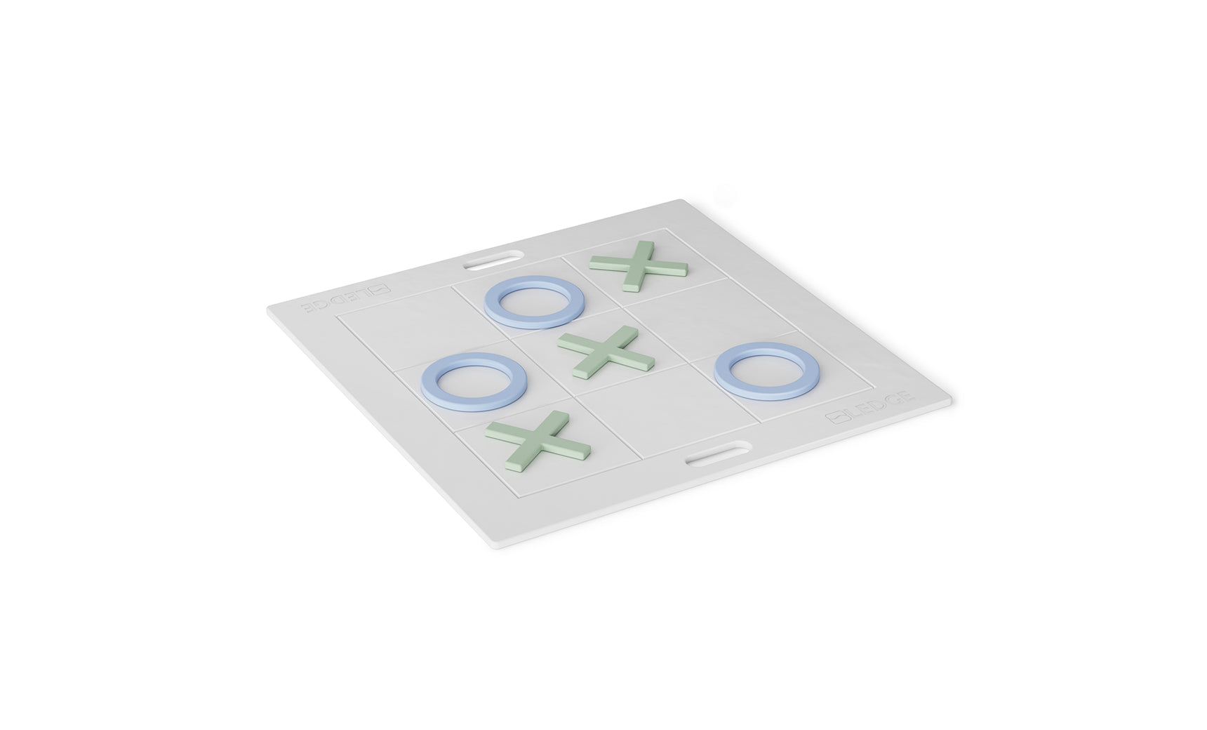 The Checkers & Tic Tac Toe board from Ledge Lounger displays light green Xs and light blue Os on a white background, with the completed game showing two horizontal Os surrounded by Xs, capturing the strategic charm of a giant lawn game.