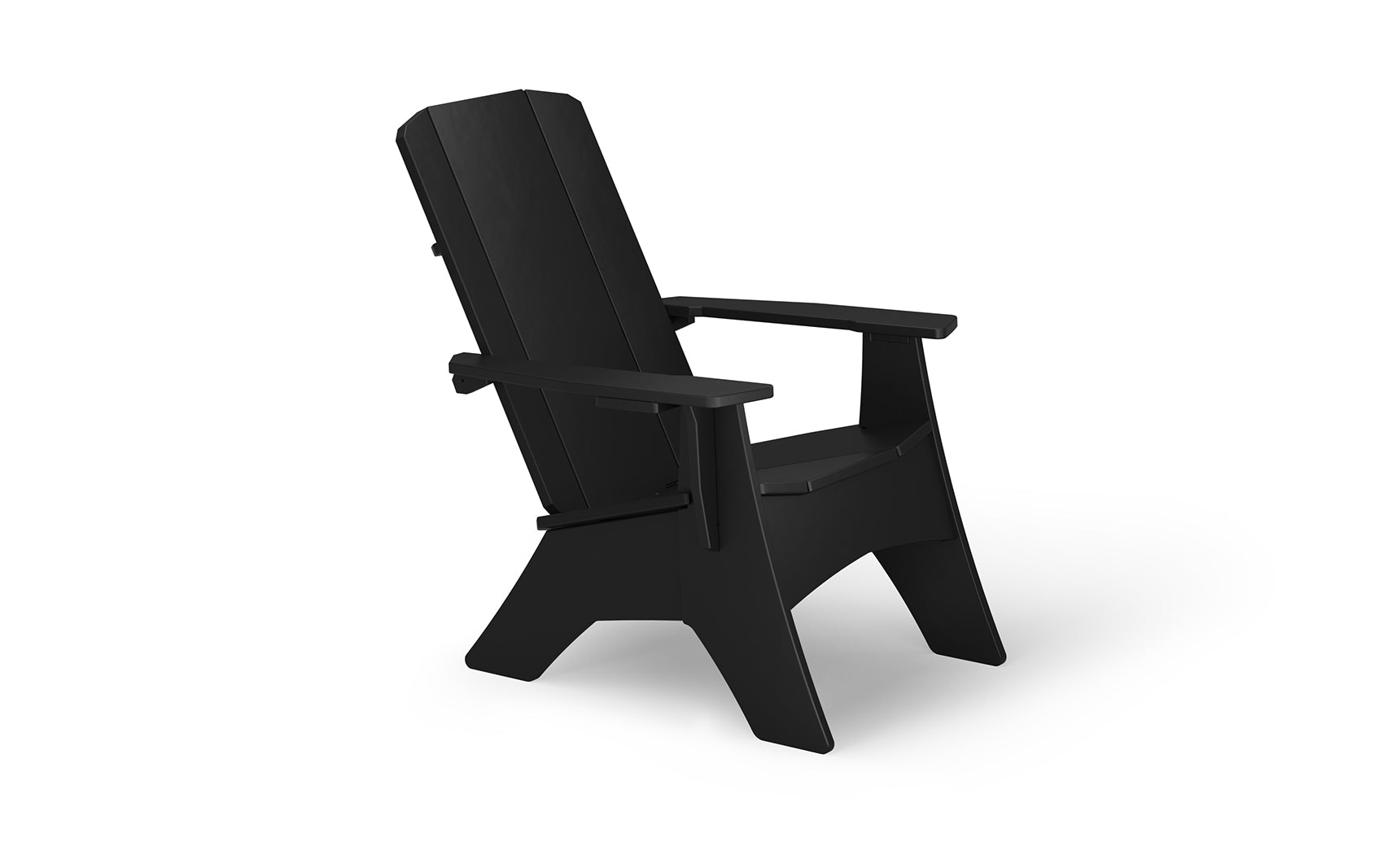 A side view of the Mainstay Ultimate Adirondack chair by Ledge Lounger, featuring a sleek design in black, ideal for outdoor lounging with its high backrest and wide armrests, set against a plain white background.