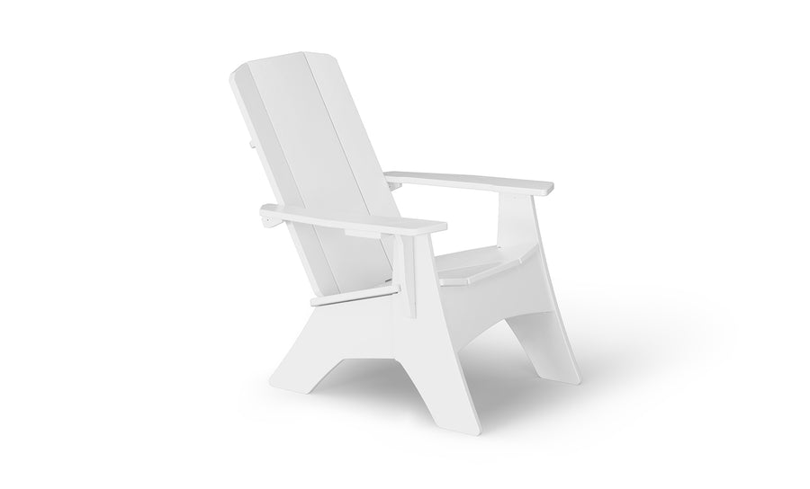 A white Adirondack chair is shown at an angle against a plain white background. The chair has a slatted backrest and wide armrests, characteristic of its classic design.