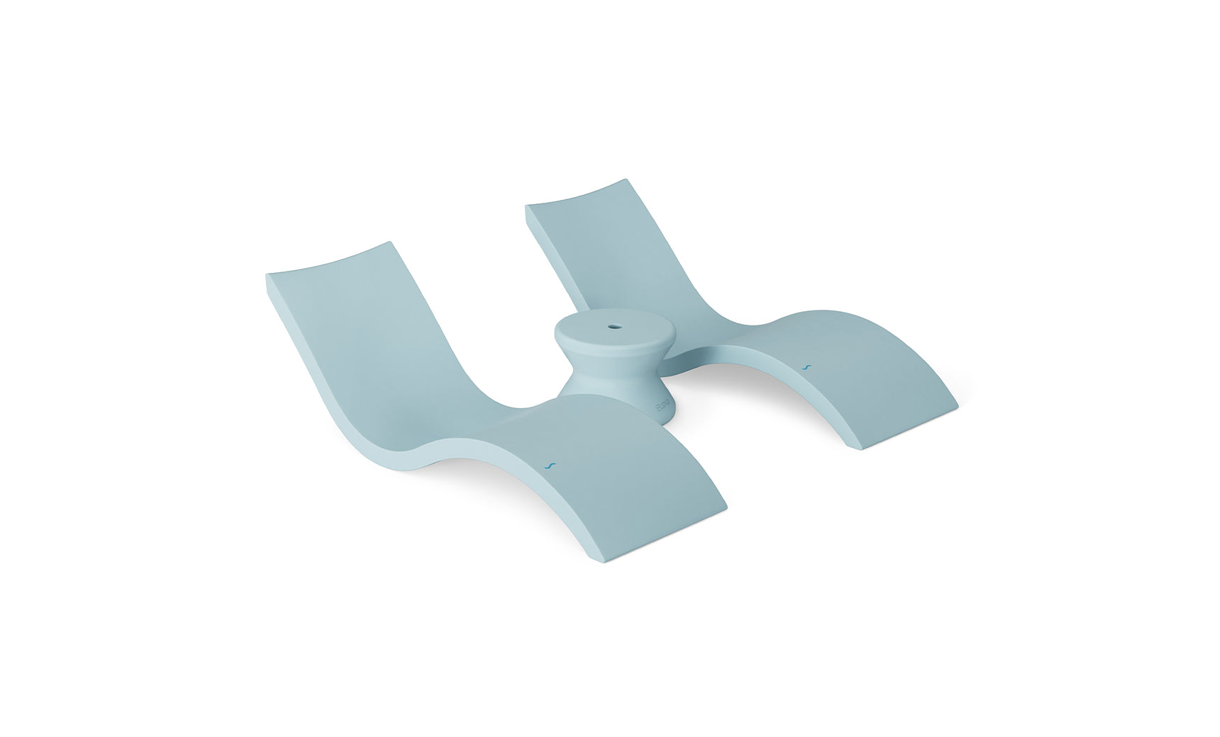 A modern abstract sculpture in light blue, reminiscent of two curved seats like the Signature In-Pool Chaise Loungers from Ledge Lounger, joined by a central circular base with smooth lines, embodies a minimalist design ideal for the Outdoor Oasis In-Pool Furniture Bundle.