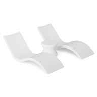 Two sleek, modern white lounge chairs with curved designs and a small round table between them on a plain white background. The Ledge Lounger Outdoor Oasis In-Pool Furniture Bundle offers a minimalist look, ideal for transforming your outdoor space into an escape.