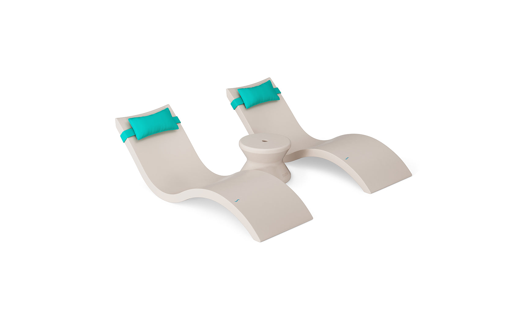 The Ledge Lounger Signature Chaise Headrest Pillow and Side Table In-Pool Set features two modern beige chaises with teal headrests and a matching round side table, all displayed against a white background.