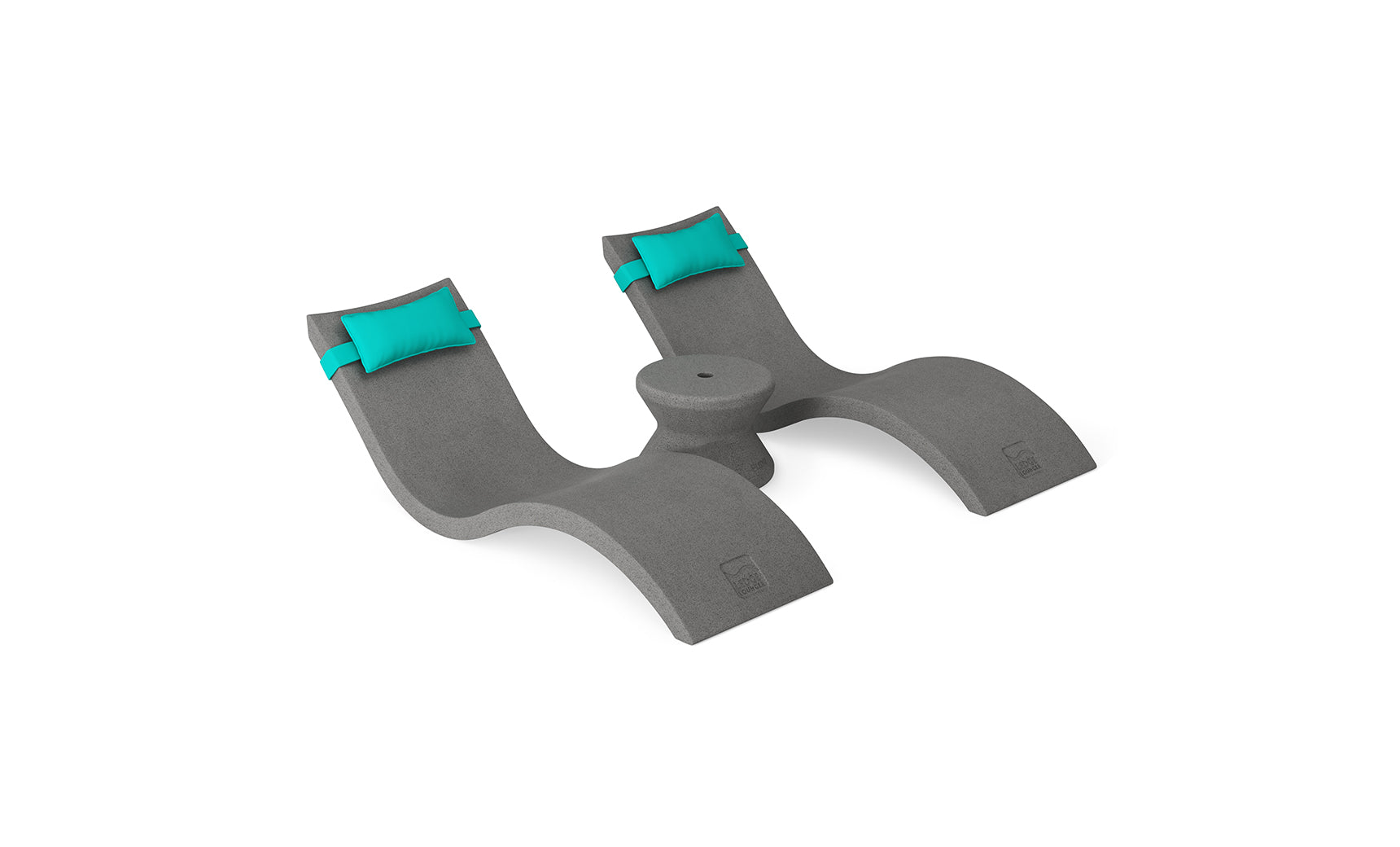 The Ledge Lounger Signature Chaise Headrest Pillow and Side Table In-Pool Set features double gray loungers with teal pillows and a small round table, creating an ideal outdoor paradise on a white backdrop.