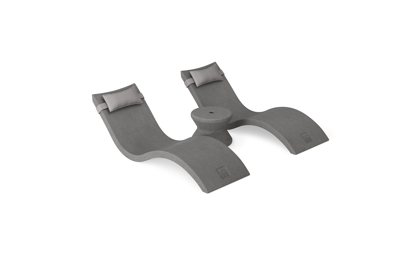 The Ledge Lounger Signature Chaise Headrest Pillow and Side Table In-Pool Set features two modern gray chaise loungers with light gray headrests and a round side table, offering a sleek, stylish addition to your pool ledge.