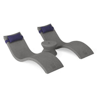 The Ledge Lounger Signature Chaise Headrest Pillow and Side Table In-Pool Set features two reclining gray loungers with dark blue headrests and a central round table—ideal for relaxing in style on your pool ledge.