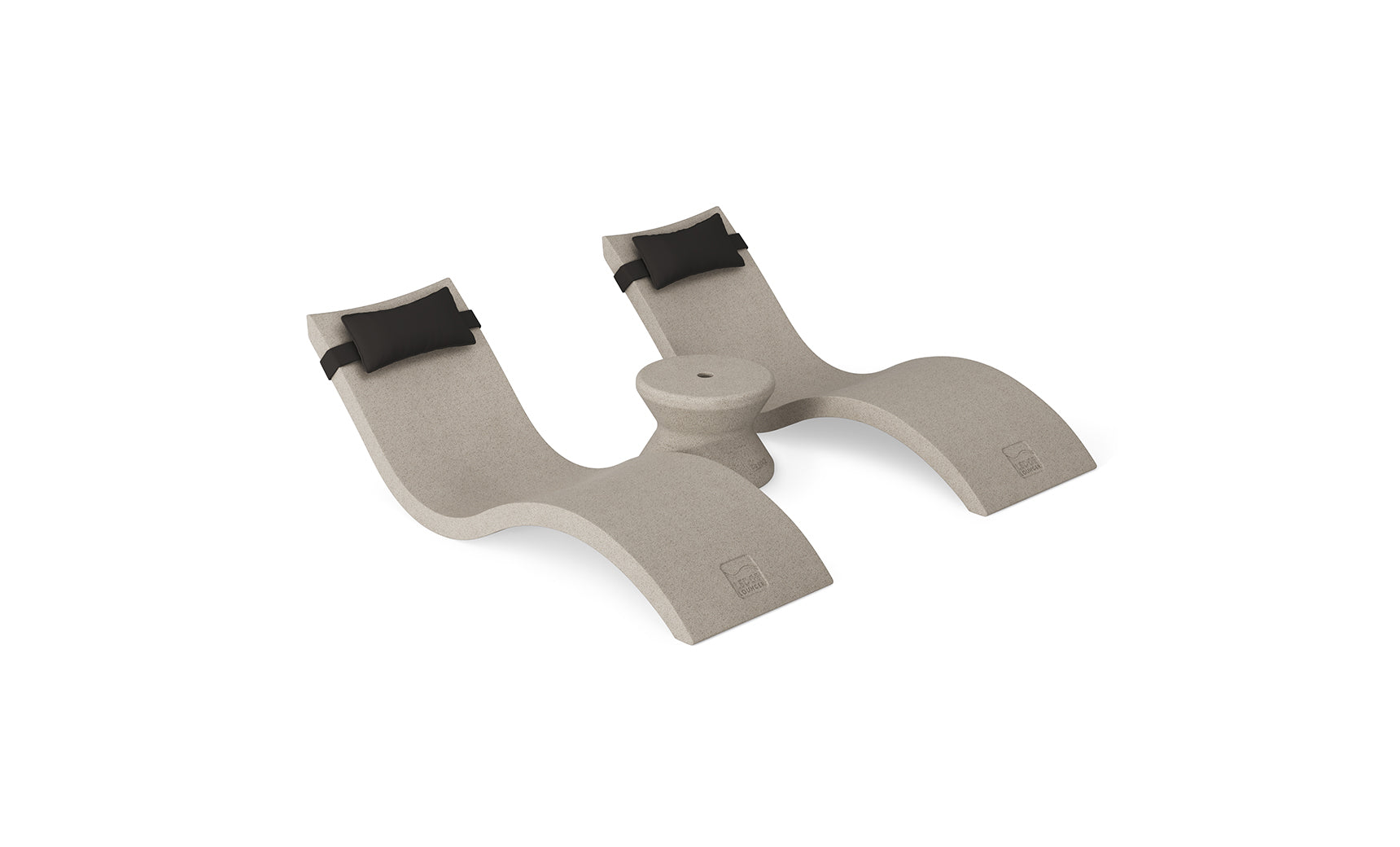 The Ledge Lounger Signature Chaise Headrest Pillow and Side Table In-Pool Set offers modern poolside comfort, featuring light gray curved seats, black headrests, and a shared base—ideal for outdoor relaxation. Set shown against a plain white background.