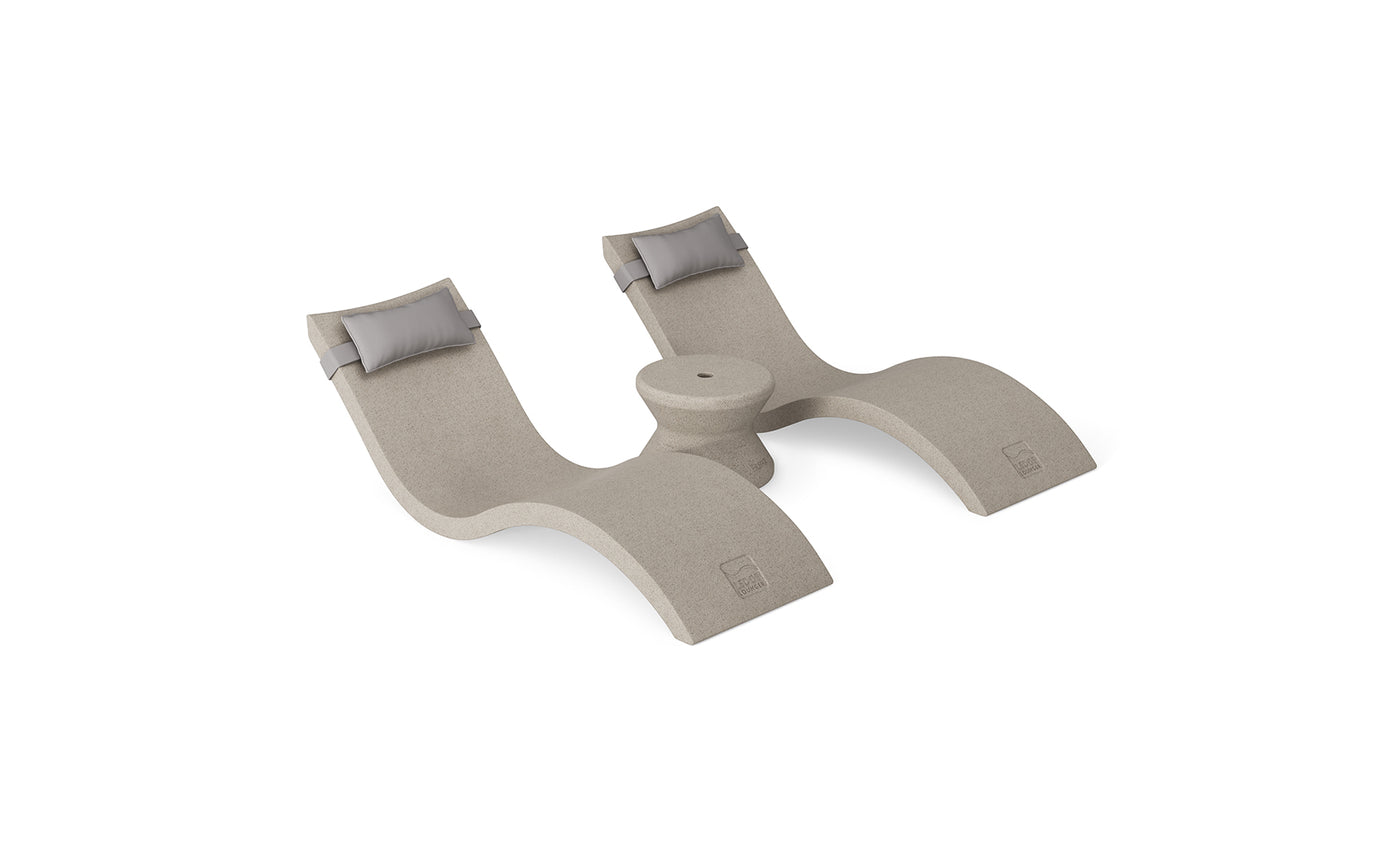 The Ledge Lounger Signature Chaise Headrest Pillow and Side Table In-Pool Set features two beige modern chaise loungers with gray headrests, joined by a round table, offering the ideal poolside seating against a white background.