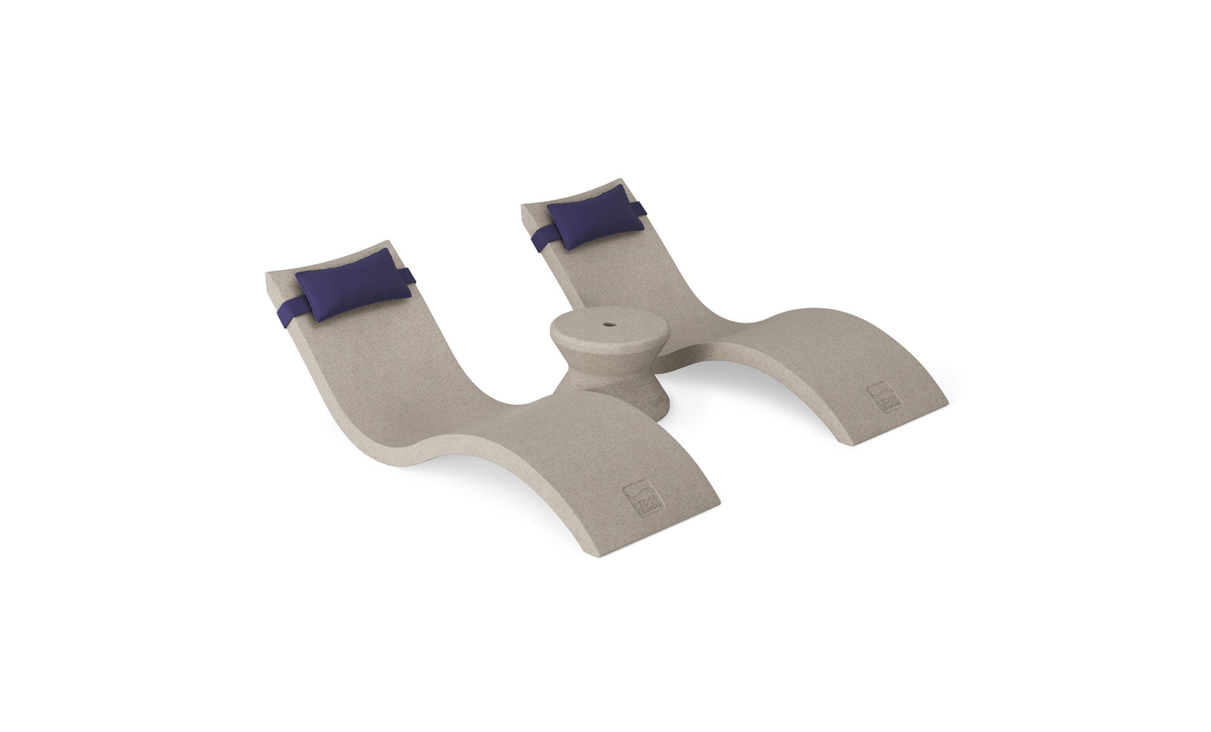 Experience ultimate relaxation in your outdoor paradise with the Ledge Lounger Signature Chaise Headrest Pillow and Side Table In-Pool Set—two curved chaise loungers with dark blue headrest pillows and a circular side table, all in a smooth beige wave-like design.
