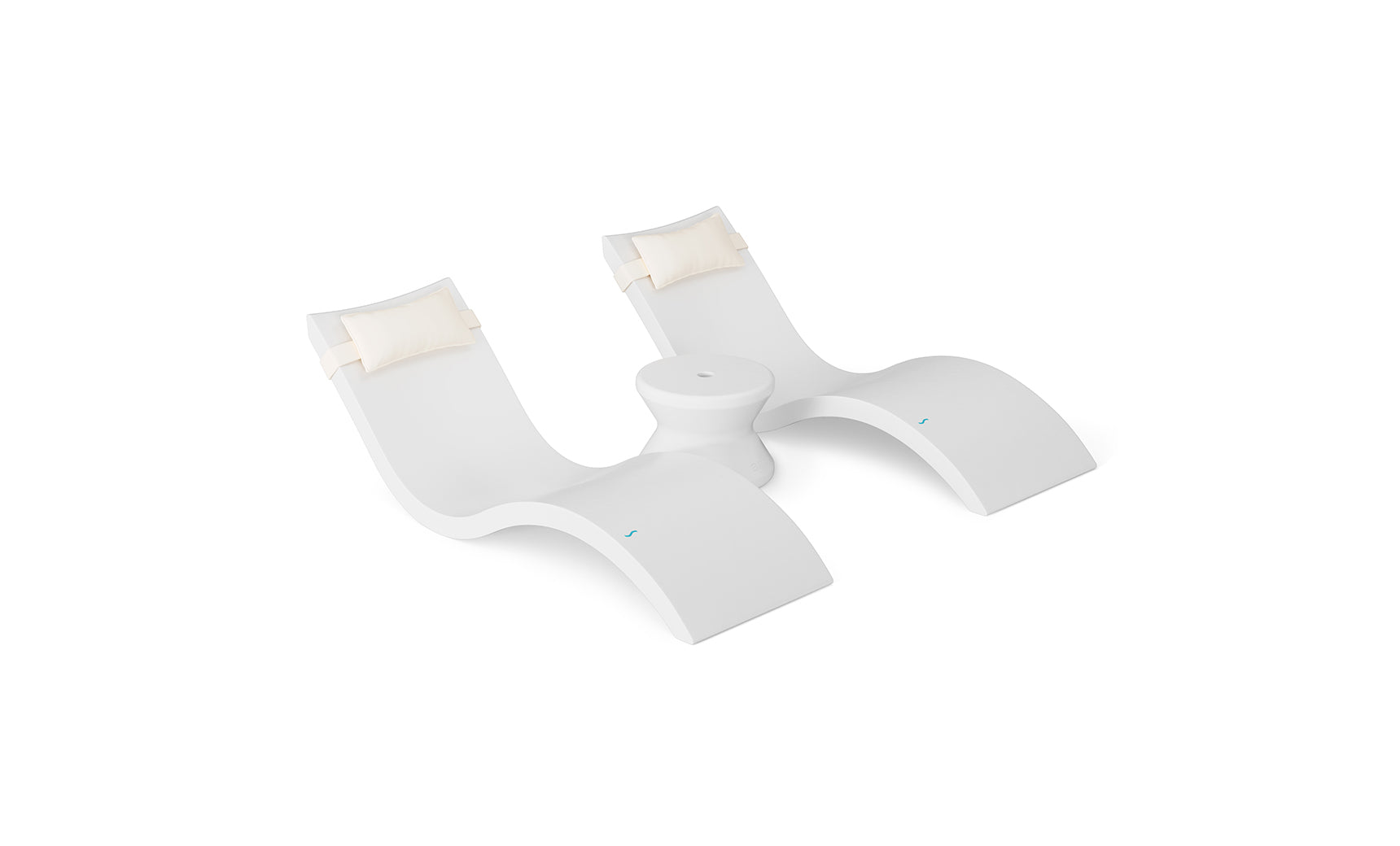 The Ledge Lounger Signature Chaise Headrest Pillow and Side Table In-Pool Set features two modern white loungers joined by a central round table, offering the perfect poolside relaxation against a plain white background.