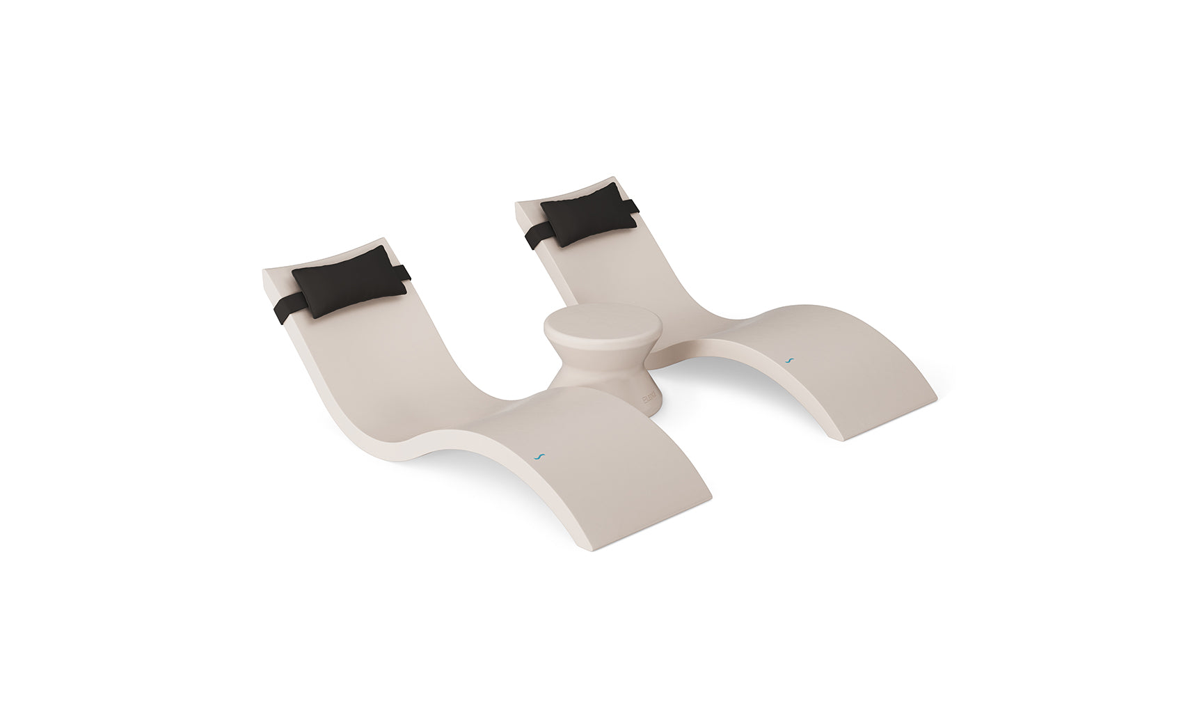 The Ledge Lounger Signature Chaise Headrest Pillow and Side Table In-Pool Set features modern beige double wave-shaped chaise loungers with black headrest pillows and a round table between them, set against a white background.