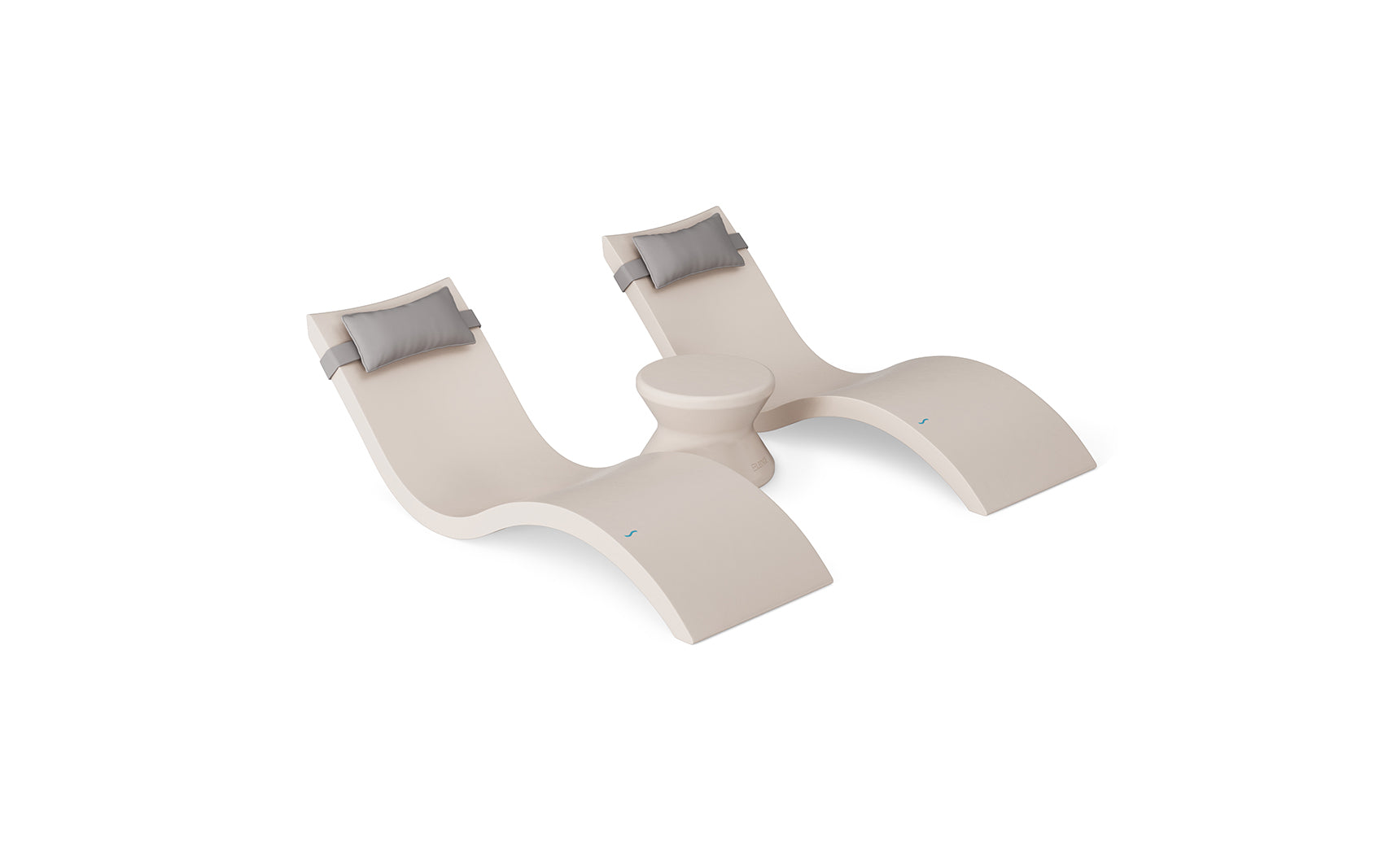 The Ledge Lounger Signature Chaise Headrest Pillow and Side Table In-Pool Set features two modern beige chaises with gray headrest pillows and a matching round side table, offering sleek, comfortable poolside seating against a white background.