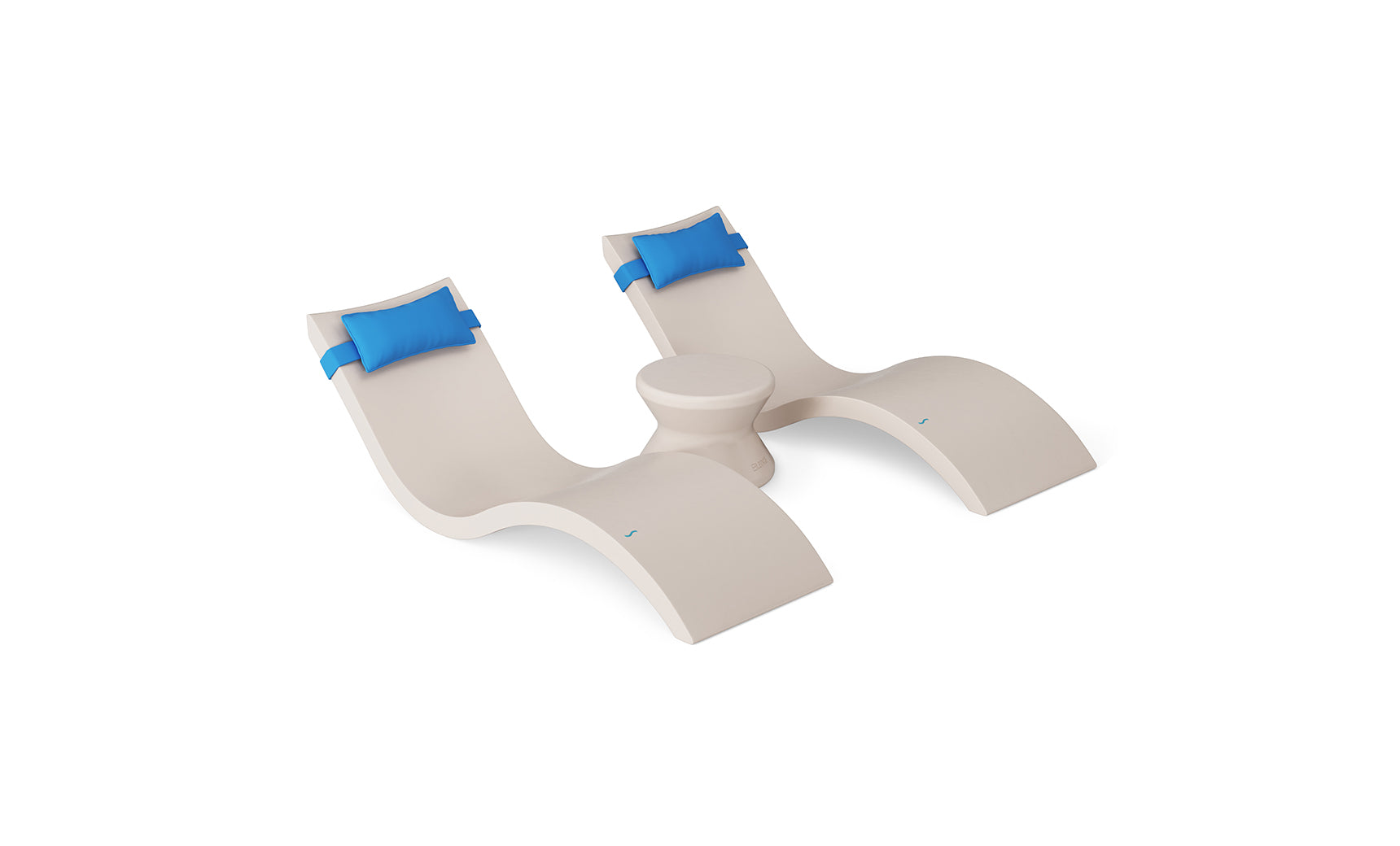 The Ledge Lounger Signature Chaise Headrest Pillow and Side Table In-Pool Set features two beige chaise loungers with blue headrest pillows and a matching round side table, displayed on a white background.
