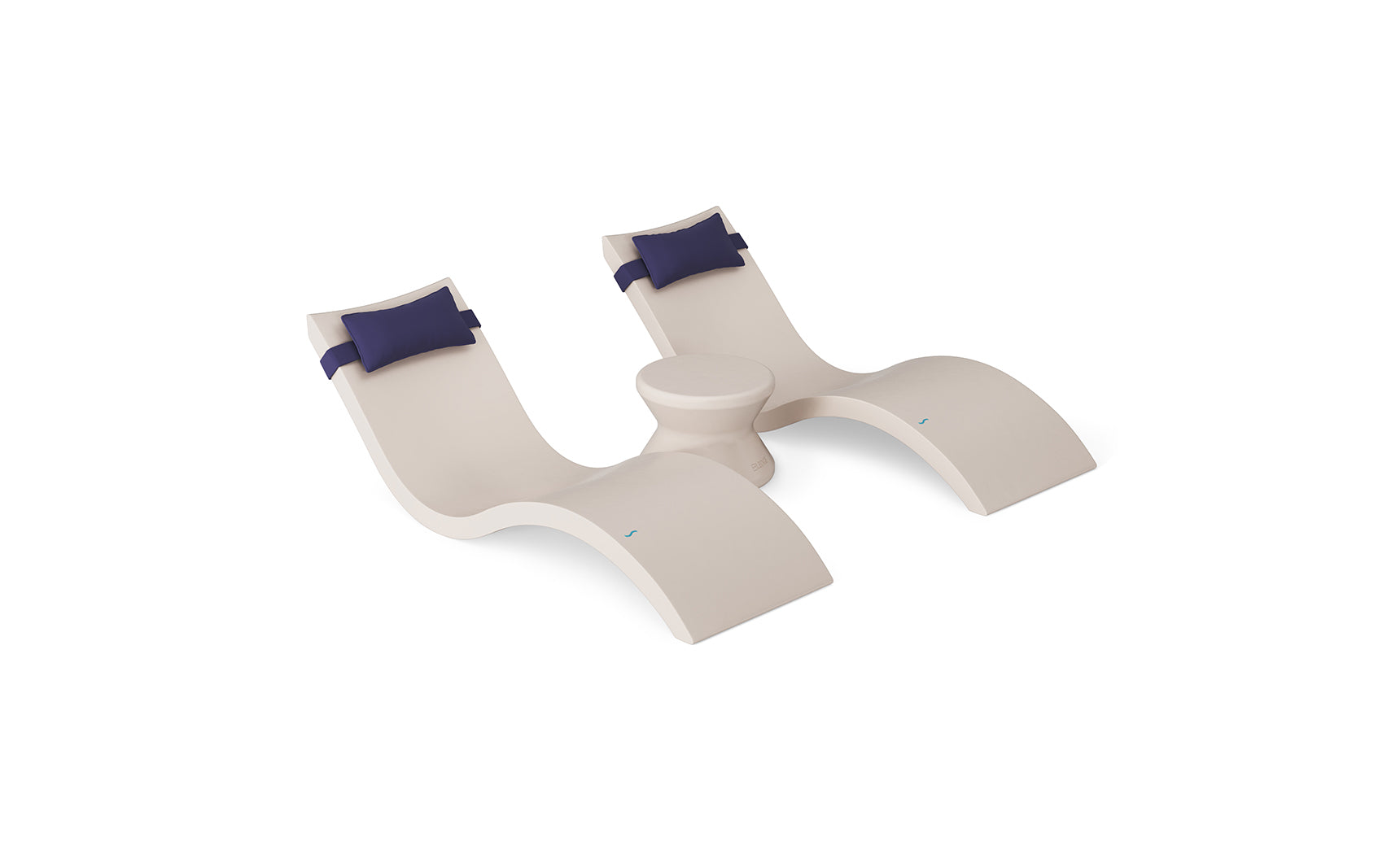 The Ledge Lounger Signature Chaise Headrest Pillow and Side Table In-Pool Set features two modern curved beige loungers with blue headrest pillows, connected by a round side table, creating a stylish poolside seating arrangement.