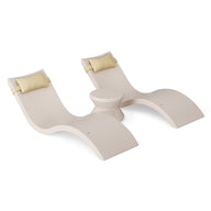 The Ledge Lounger Signature Chaise Headrest Pillow and Side Table In-Pool Set features two beige chaise loungers with yellow headrest pillows and a round side table—ideal for enhancing your pool ledge, shown on a white background.
