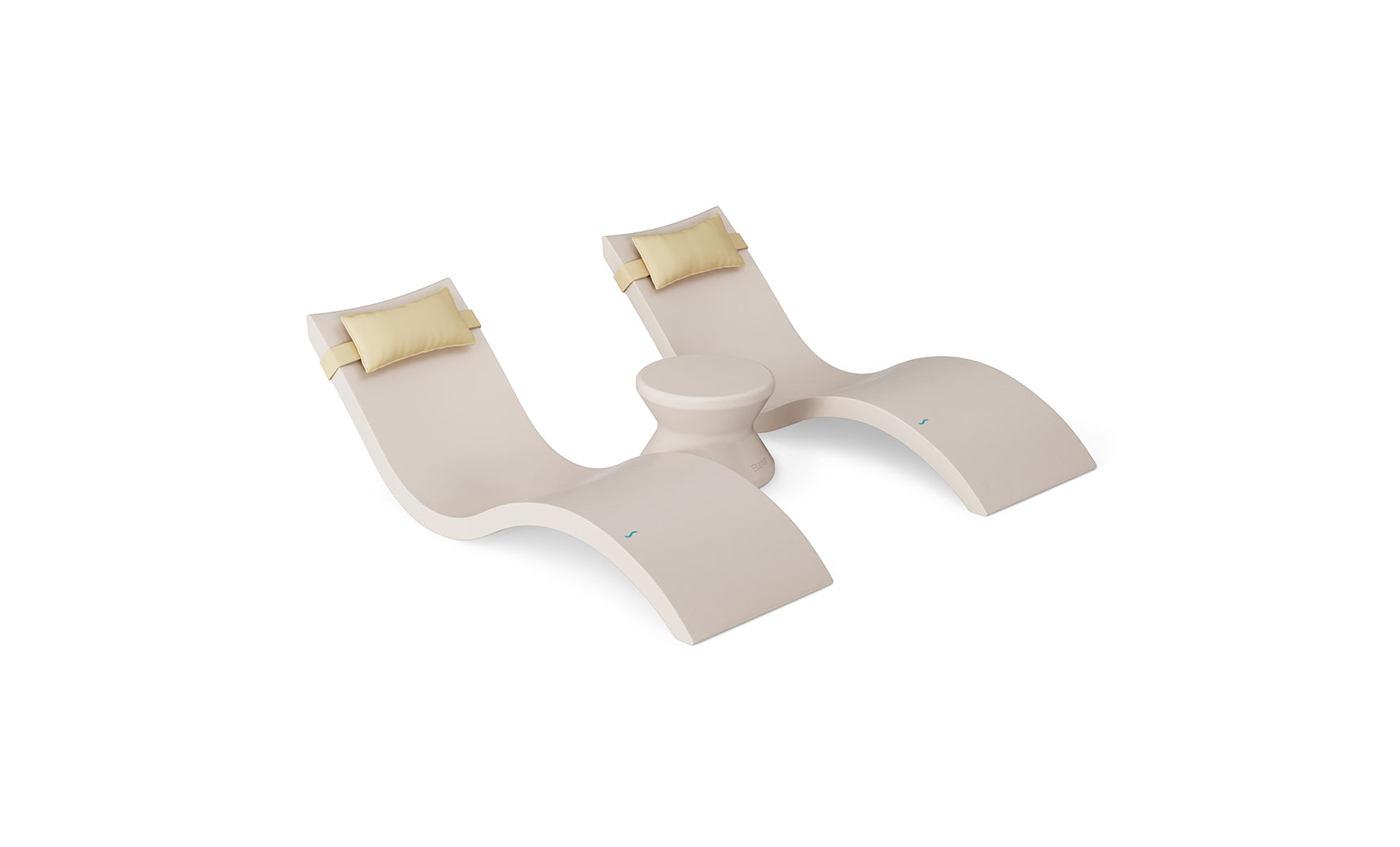 The Ledge Lounger Signature Chaise Headrest Pillow and Side Table In-Pool Set features two beige chaise loungers with yellow headrest pillows and a round side table—ideal for enhancing your pool ledge, shown on a white background.