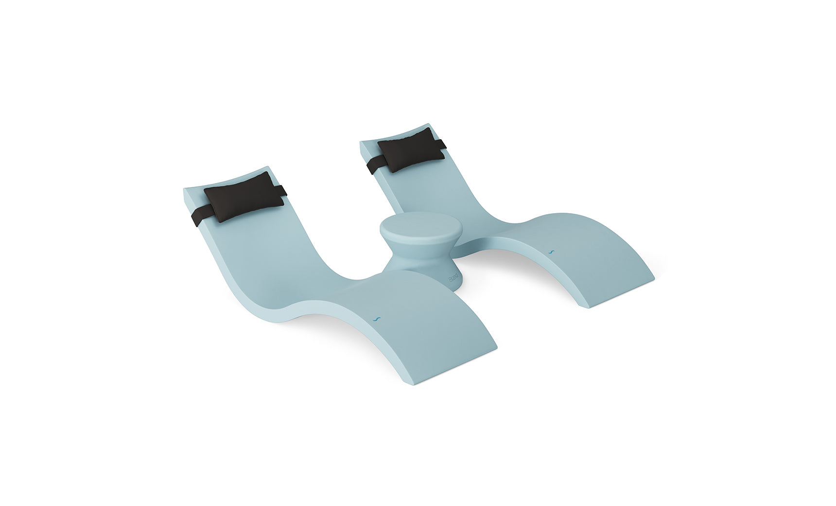 The Ledge Lounger Signature Chaise Headrest Pillow and Side Table In-Pool Set features two light blue curved seats with black headrests and a central round table—ideal pool ledge furniture for your outdoor paradise.