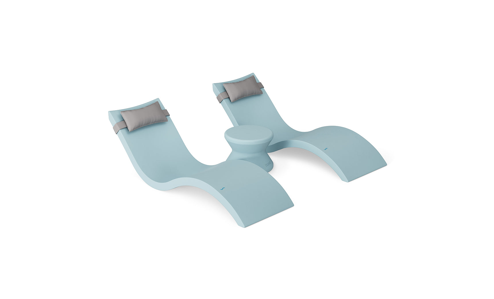 The Ledge Lounger Signature Chaise Headrest Pillow and Side Table In-Pool Set features two modern light blue lounge chairs with headrests and a central round table, ideal pool ledge furniture for your outdoor paradise, shown on a plain white background.
