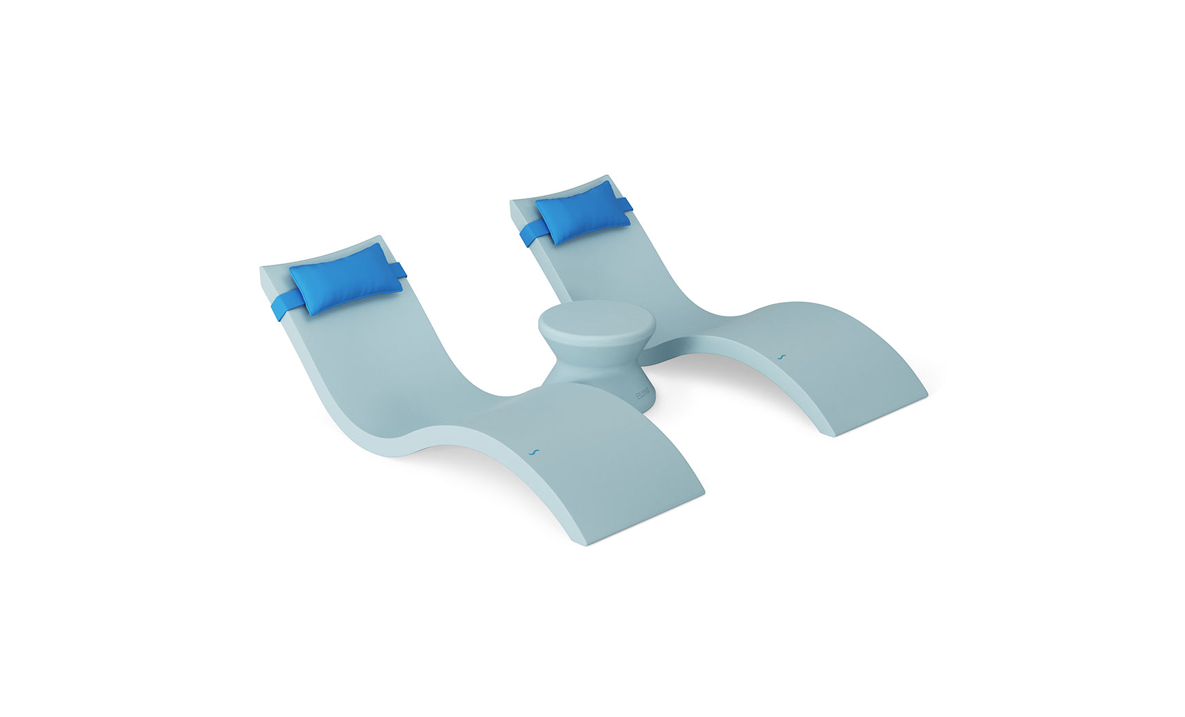The Ledge Lounger Signature Chaise Headrest Pillow and Side Table In-Pool Set features two light blue chaise loungers with attached headrests connected by a center side table, perfect for your outdoor paradise on a bright white background.