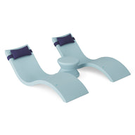 The Ledge Lounger Signature Chaise Headrest Pillow and Side Table In-Pool Set offers curved double seating, dark blue headrests, and a central table—perfect pool ledge furniture for ultimate comfort outdoors.