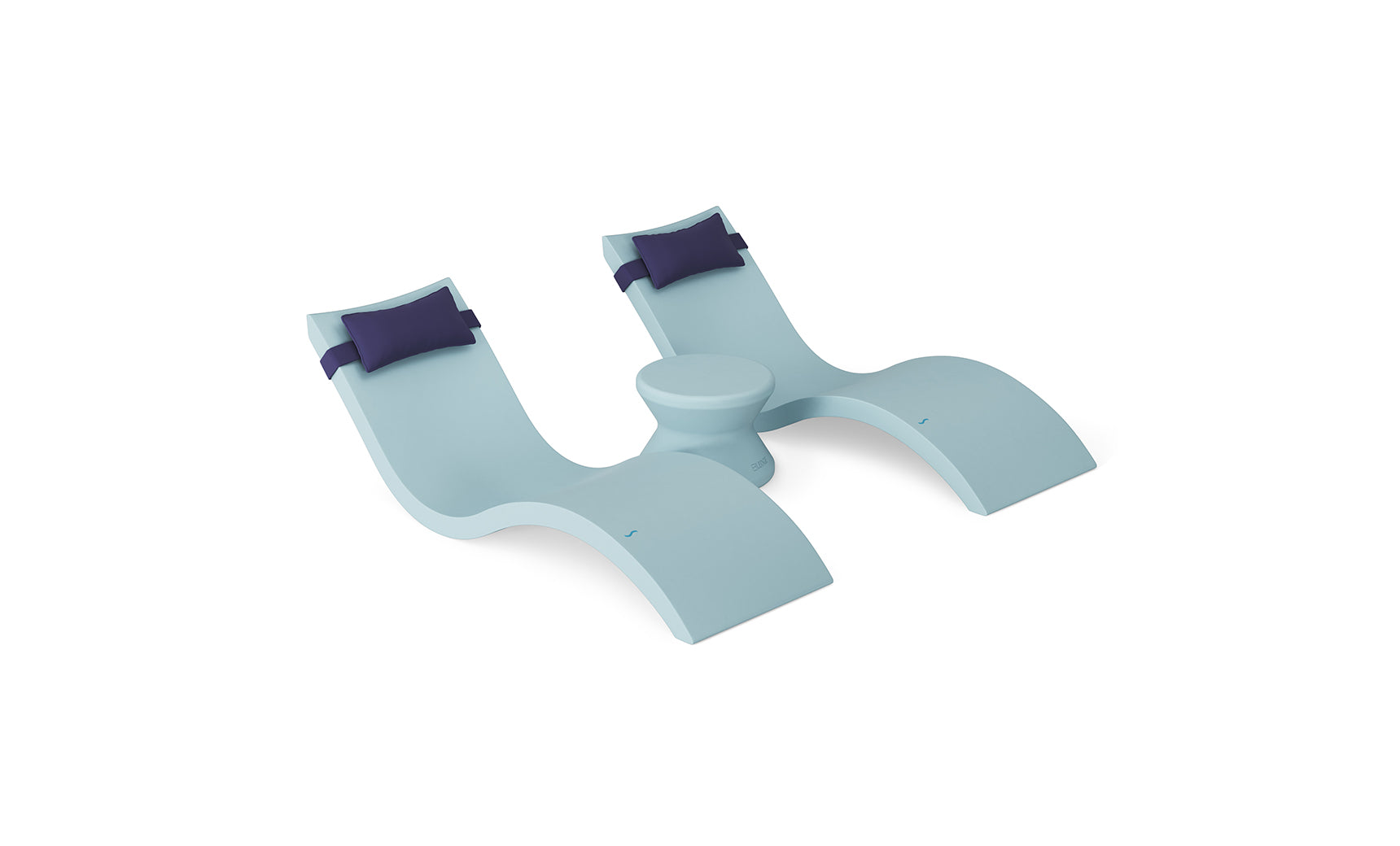 The Ledge Lounger Signature Chaise Headrest Pillow and Side Table In-Pool Set offers curved double seating, dark blue headrests, and a central table—perfect pool ledge furniture for ultimate comfort outdoors.