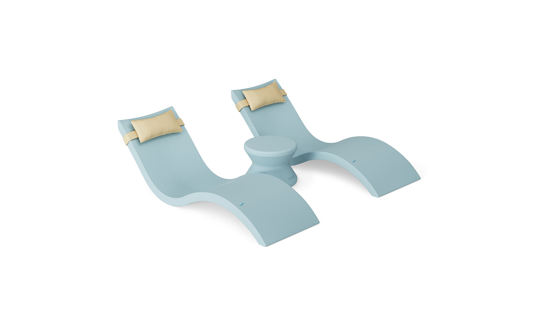 The Ledge Lounger Signature Chaise Headrest Pillow and Side Table In-Pool Set features two light blue curved chaise loungers with beige headrests, joined by a round side table, creating stylish pool ledge furniture.