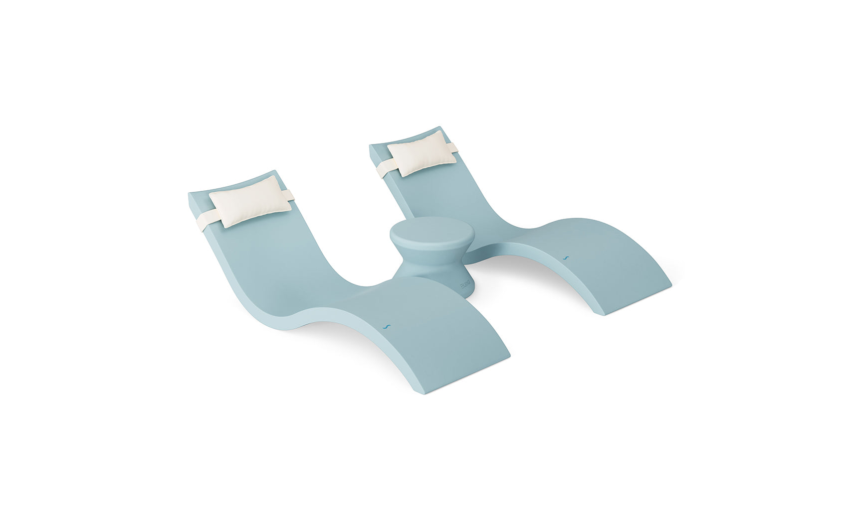 The Ledge Lounger Signature Chaise Headrest Pillow and Side Table In-Pool Set features two curved seats with white headrests and a central side table—ideal pool ledge furniture for your outdoor oasis.