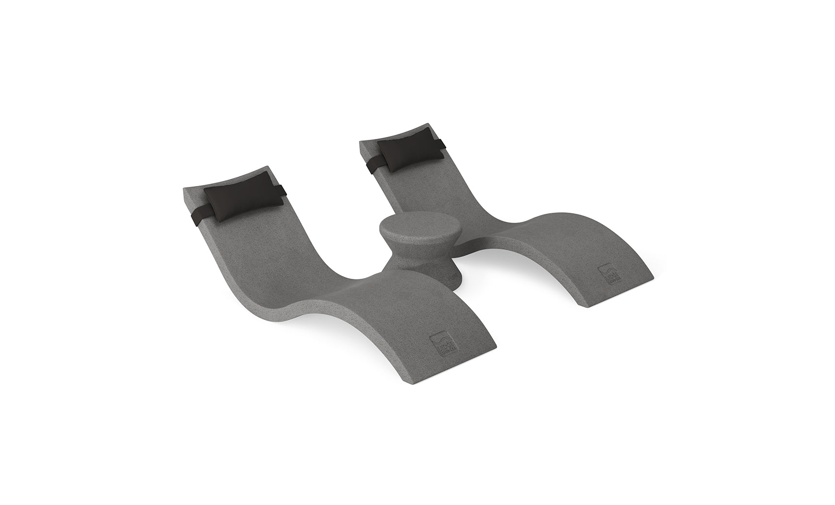 Transform your pool ledge into a retreat with the Ledge Lounger Signature Chaise Headrest Pillow and Side Table In-Pool Set—a gray double lounger featuring two reclined seats, black headrests, and a round center table.