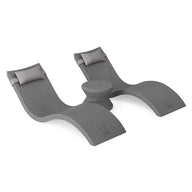 The Ledge Lounger Signature Chaise Headrest Pillow and Side Table In-Pool Set includes two modern gray chaises with headrests and a side table, perfect for relaxing on your pool ledge and enhancing your outdoor space.