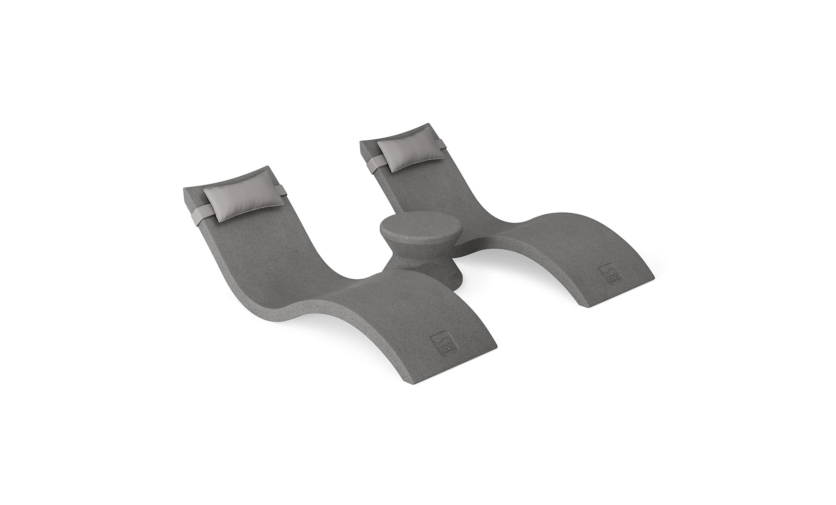 The Ledge Lounger Signature Chaise Headrest Pillow and Side Table In-Pool Set includes two modern gray chaises with headrests and a side table, perfect for relaxing on your pool ledge and enhancing your outdoor space.