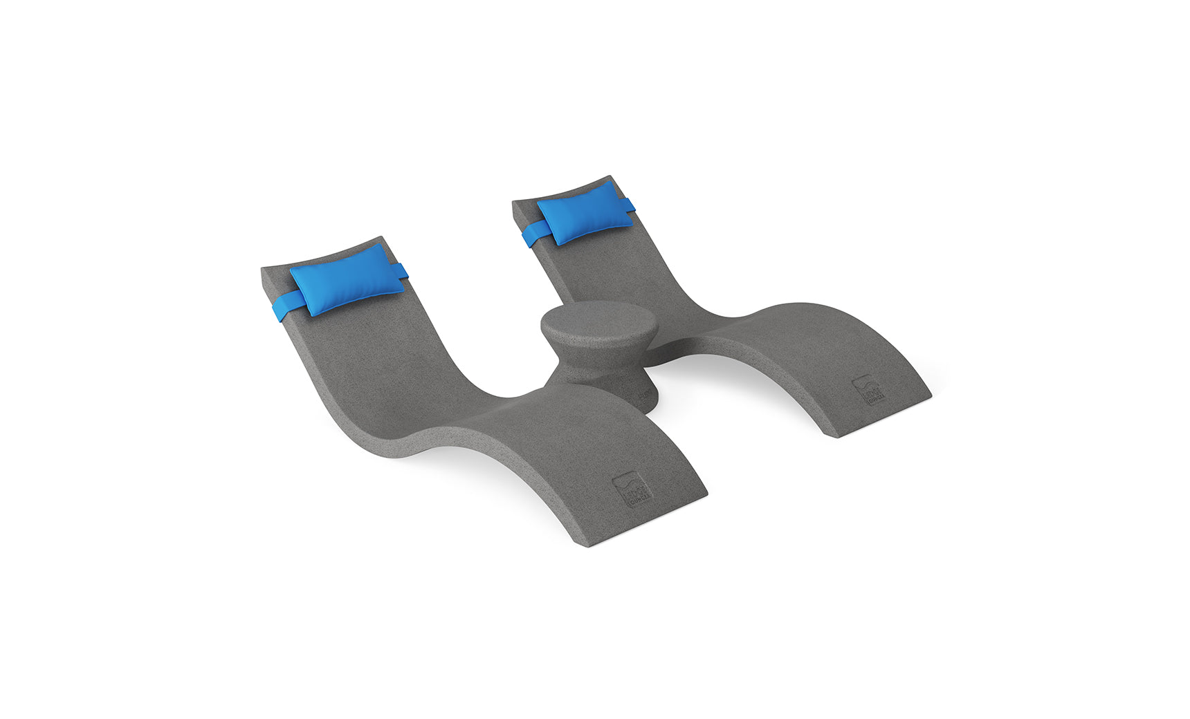 The Ledge Lounger Signature Chaise Headrest Pillow and Side Table In-Pool Set offers modern gray loungers with blue headrests and a round table—ideal for relaxing on your pool ledge and turning your space into an outdoor paradise.