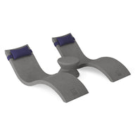 The Ledge Lounger Signature Chaise Headrest Pillow and Side Table In-Pool Set features a contoured chaise, two headrests with blue straps, and a central round table—ideal for your pool ledge and creating an outdoor oasis.