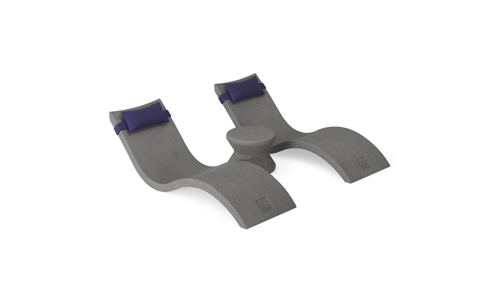 The Ledge Lounger Signature Chaise Headrest Pillow and Side Table In-Pool Set features a contoured chaise, two headrests with blue straps, and a central round table—ideal for your pool ledge and creating an outdoor oasis.