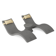 The Ledge Lounger Signature Chaise Headrest Pillow and Side Table In-Pool Set features two gray curved seats with beige headrests and a small round table—ideal for relaxing on your pool ledge against a crisp white background.