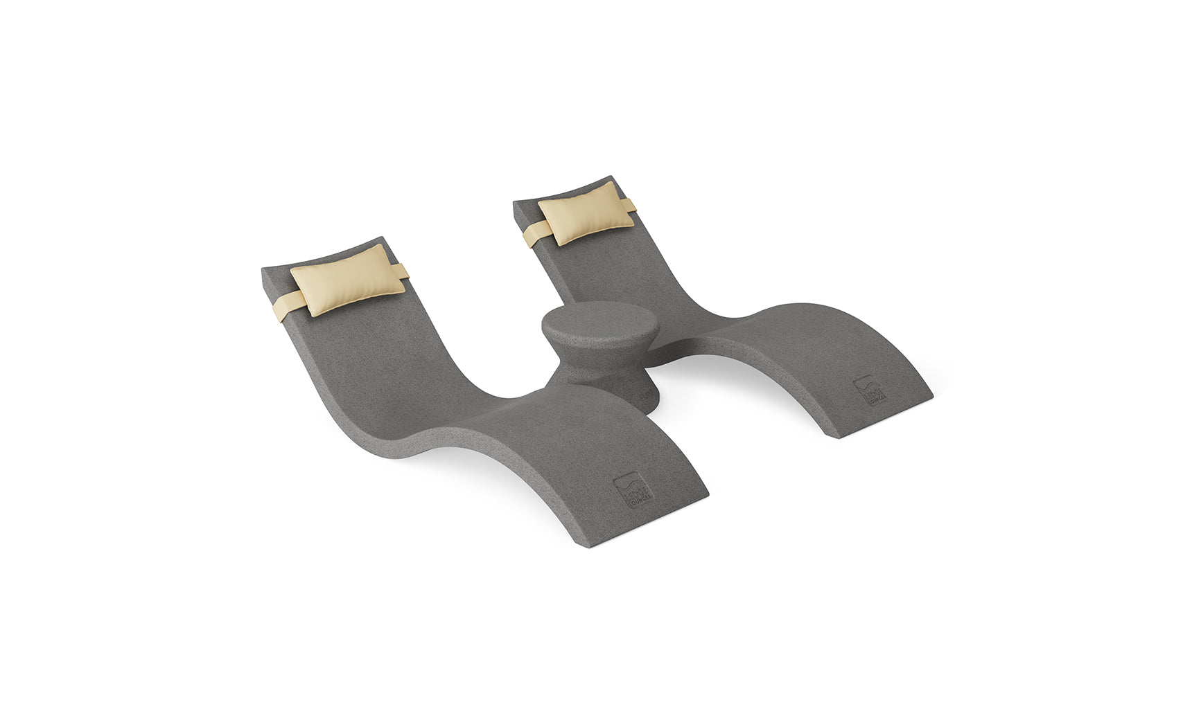 The Ledge Lounger Signature Chaise Headrest Pillow and Side Table In-Pool Set features two gray curved seats with beige headrests and a small round table—ideal for relaxing on your pool ledge against a crisp white background.