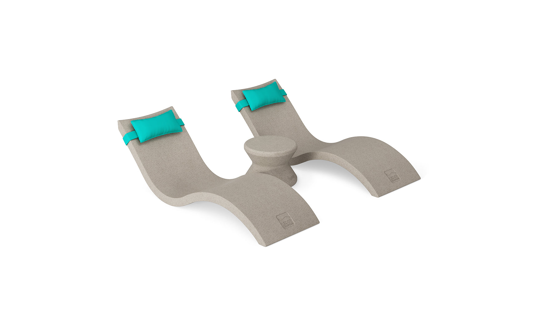 The Ledge Lounger Signature Chaise Headrest Pillow and Side Table In-Pool Set features two beige curved lounge chairs with turquoise headrests, joined by a round side table—an ideal, stylish poolside setup for your outdoor paradise.