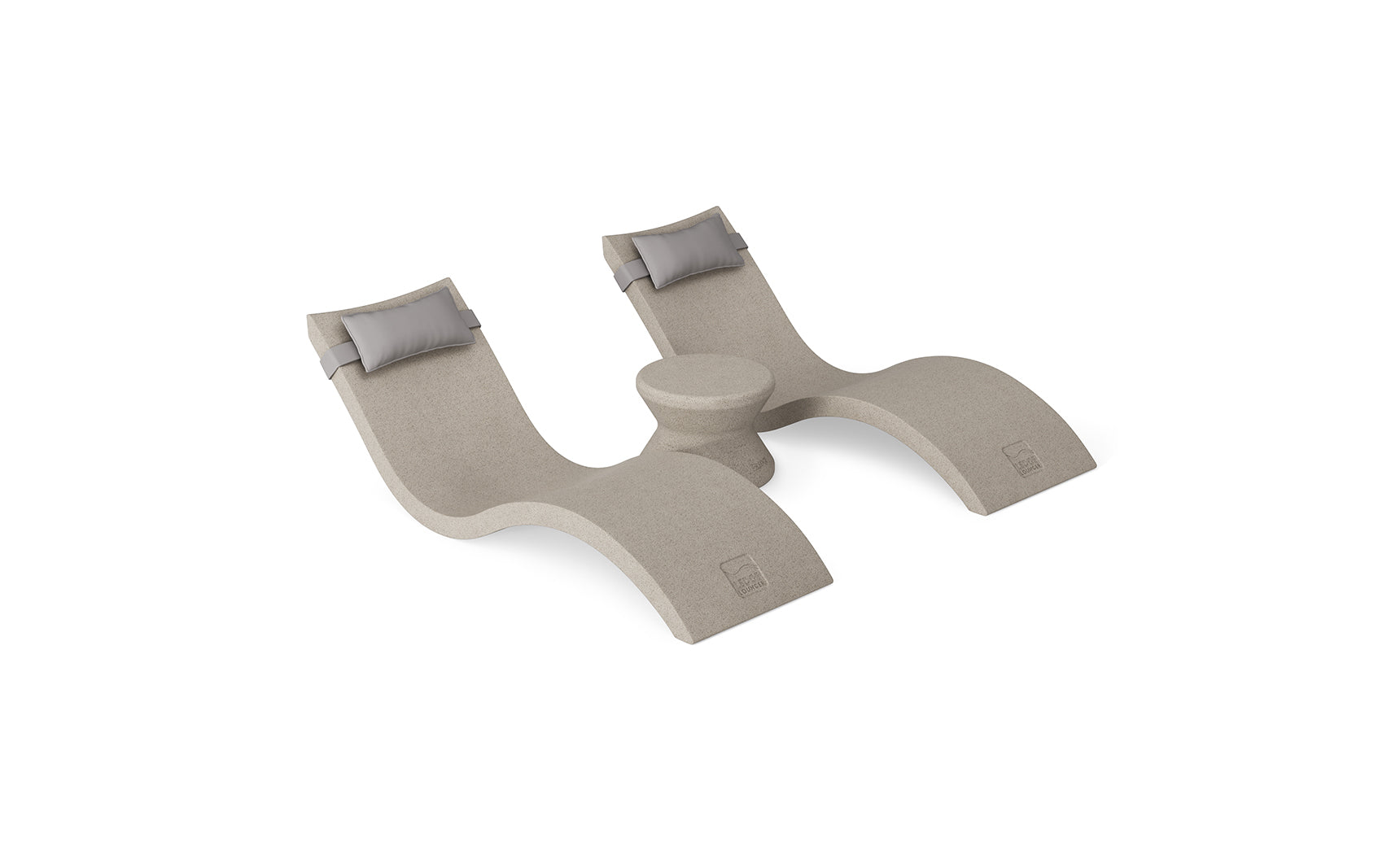 The Ledge Lounger Signature Chaise Headrest Pillow and Side Table In-Pool Set features two beige, curved loungers with headrests and a small circular table, offering a modern, minimalist poolside seating solution.
