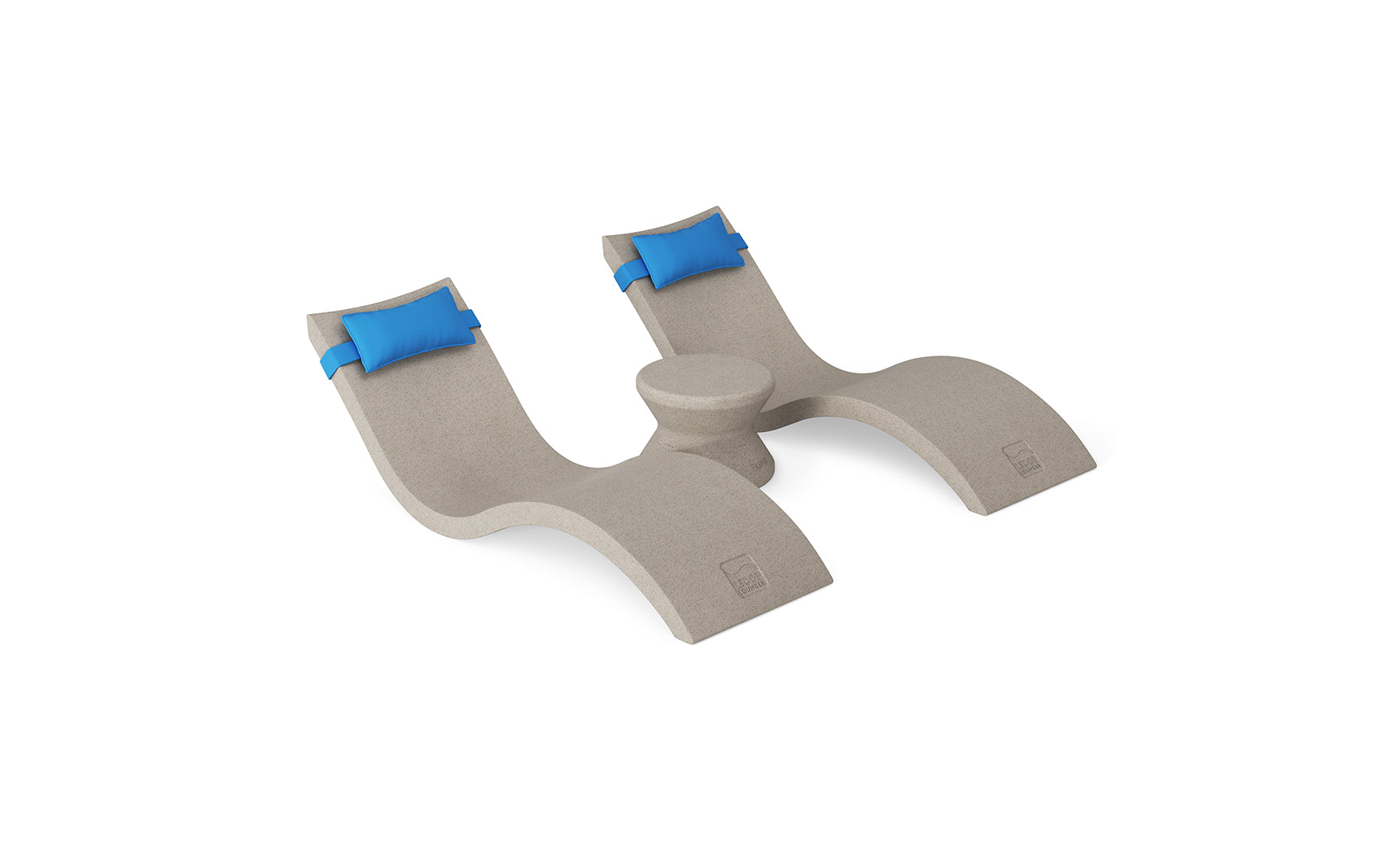 The Ledge Lounger Signature Chaise Headrest Pillow and Side Table In-Pool Set features two beige, curved loungers with blue headrest pillows and a connecting round side table, creating a modern, stylish poolside retreat.