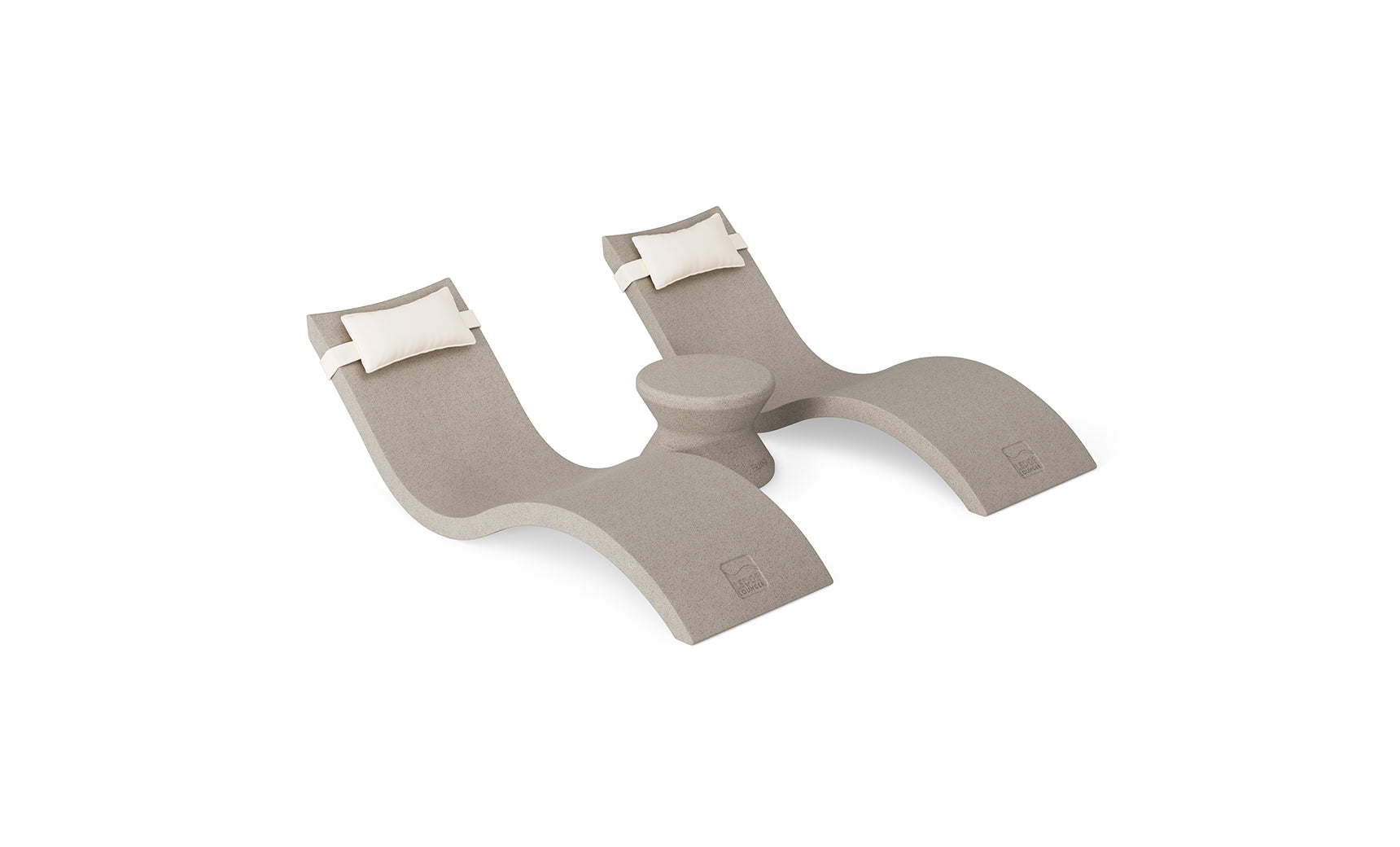 The Ledge Lounger Signature Chaise Headrest Pillow and Side Table In-Pool Set features two beige loungers with white headrest pillows and a round side table, perfect for relaxing poolside, all displayed on a plain white background.