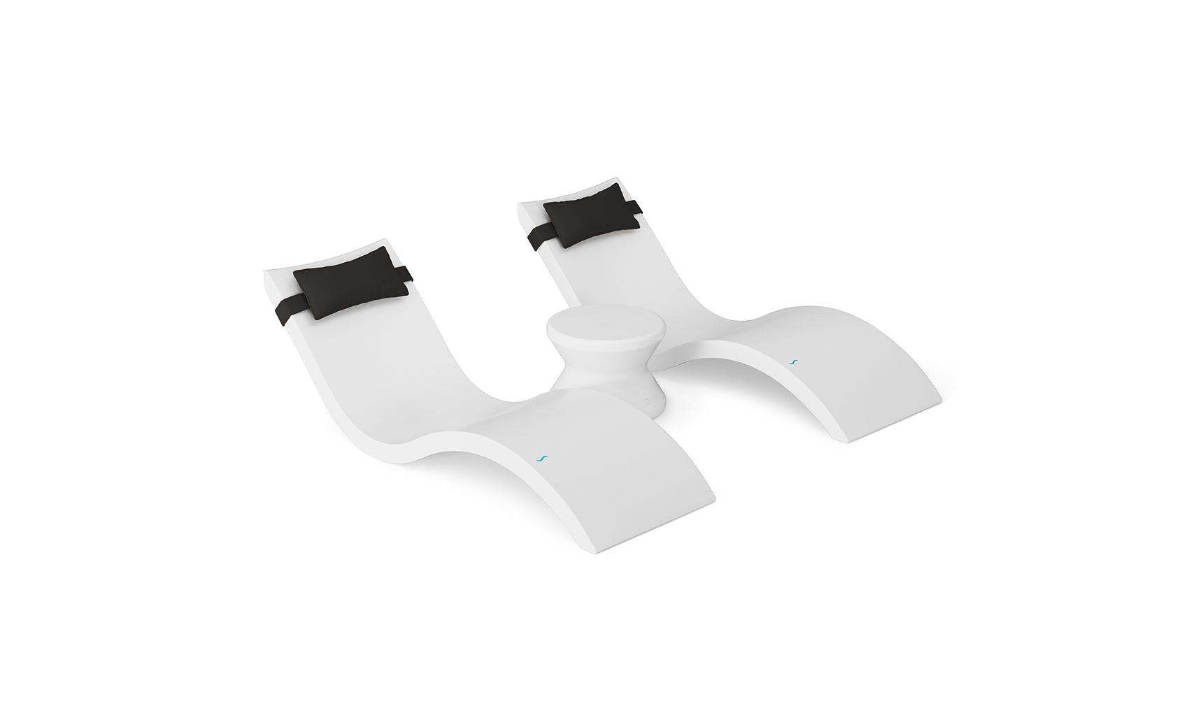 The Ledge Lounger Signature Chaise Headrest Pillow and Side Table In-Pool Set features two modern white curved seats, black headrests, and a central side table—ideal for transforming your outdoor space.