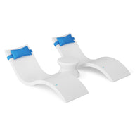 The Ledge Lounger Signature Chaise Headrest Pillow and Side Table In-Pool Set features two modern white chaise loungers with blue headrests, joined by a round side table—perfect poolside seating for your outdoor paradise against a white background.