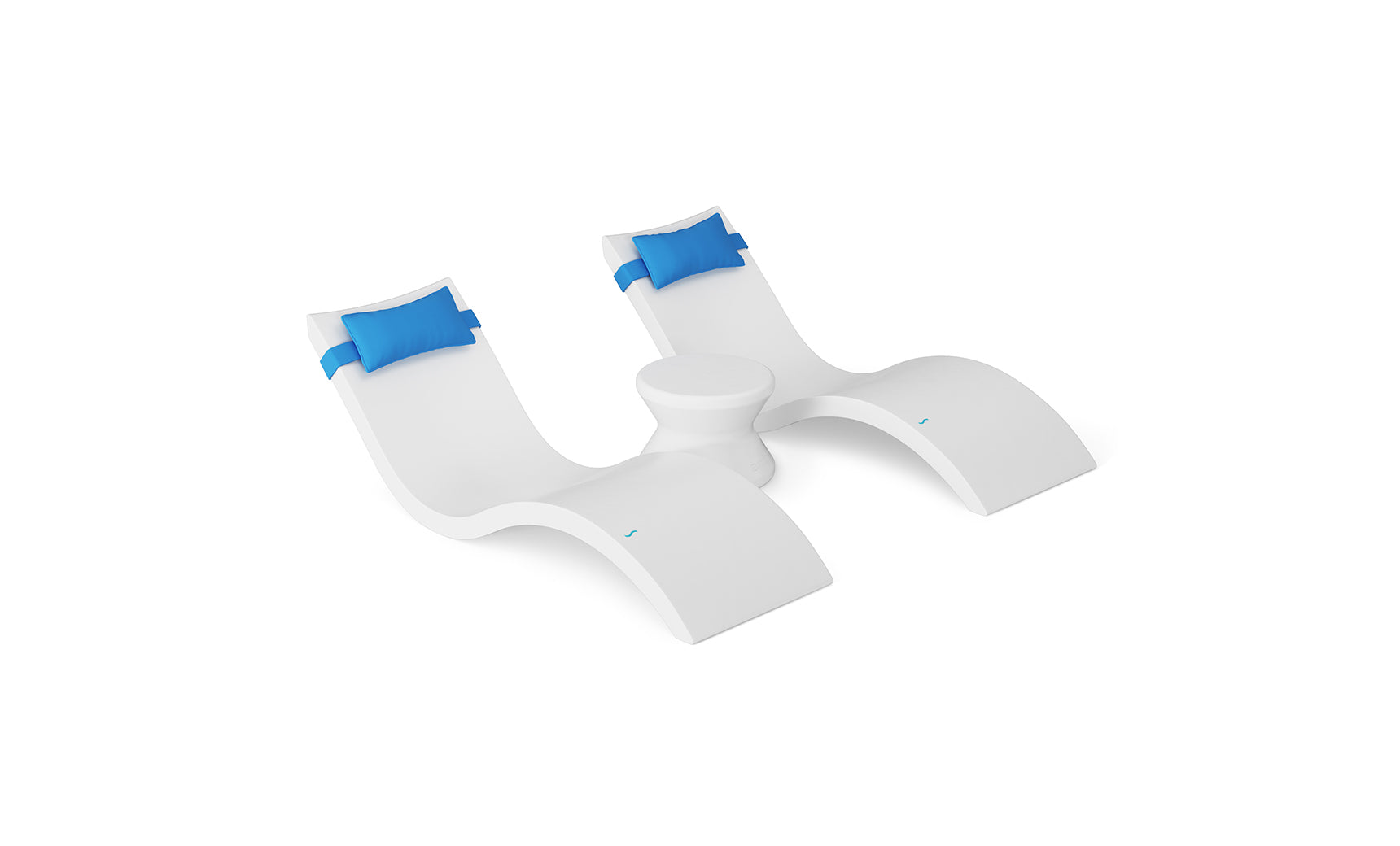 The Ledge Lounger Signature Chaise Headrest Pillow and Side Table In-Pool Set features two modern white chaise loungers with blue headrests, joined by a round side table—perfect poolside seating for your outdoor paradise against a white background.