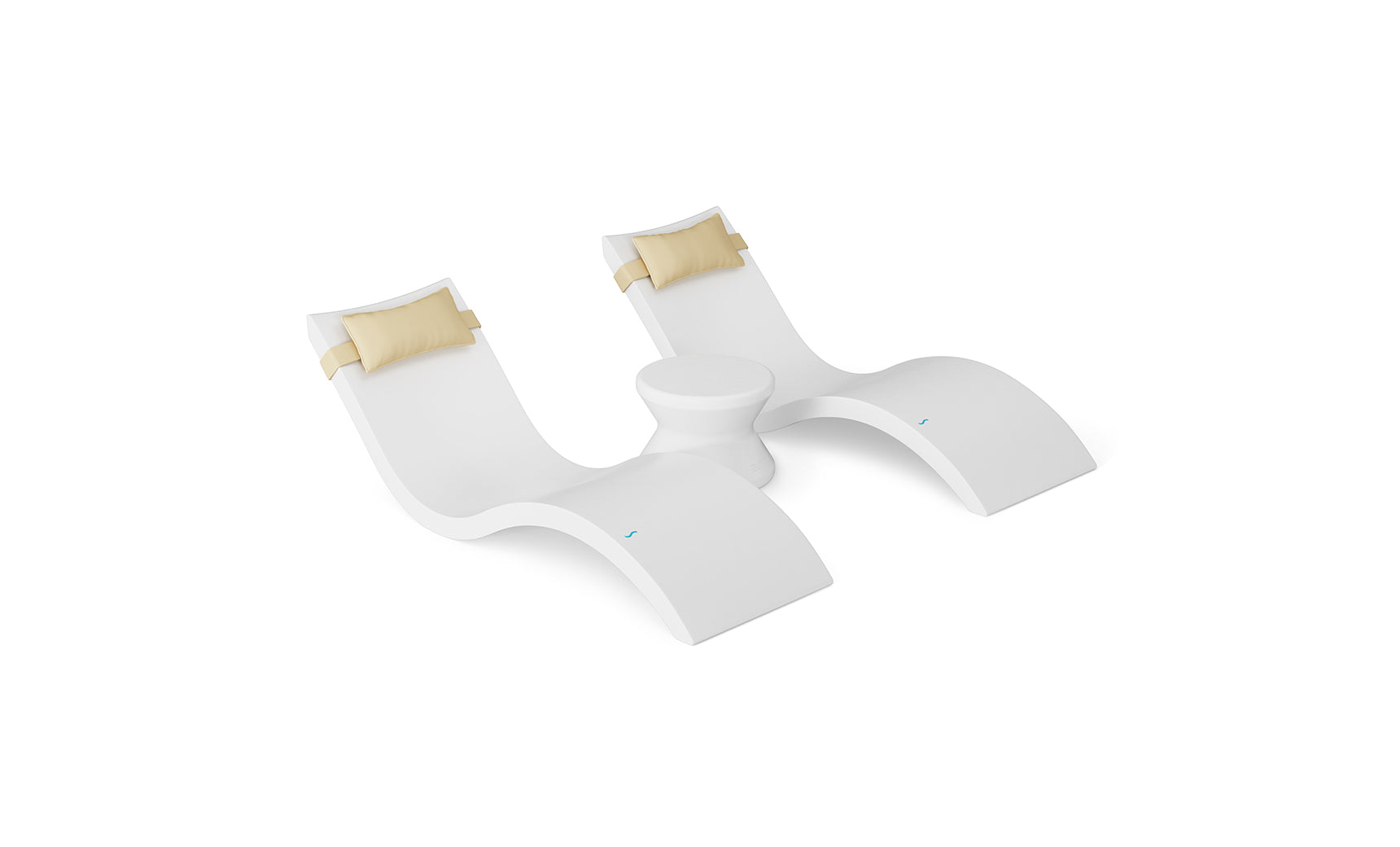 The Ledge Lounger Signature Chaise Headrest Pillow and Side Table In-Pool Set features two modern white seats with beige headrests, connected by a round side table—ideal minimalistic loungers for your outdoor paradise.