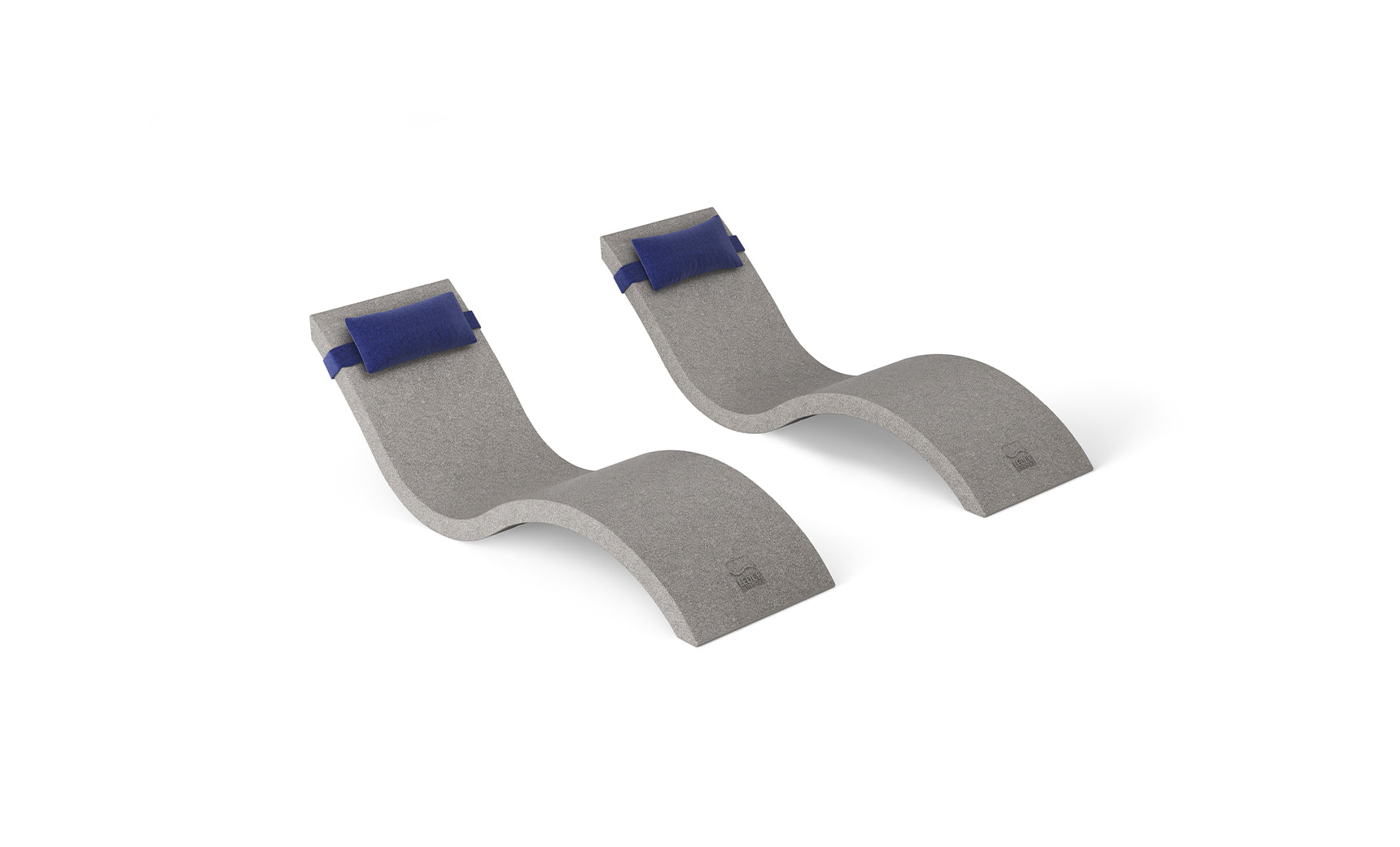 The Ledge Lounger Outdoor Escape In-Pool Furniture Bundle features two light gray, curved foam blocks designed for back stretching, with blue top straps for support, resembling the comfort of a chaise lounge. The blocks are side by side against a plain white backdrop.