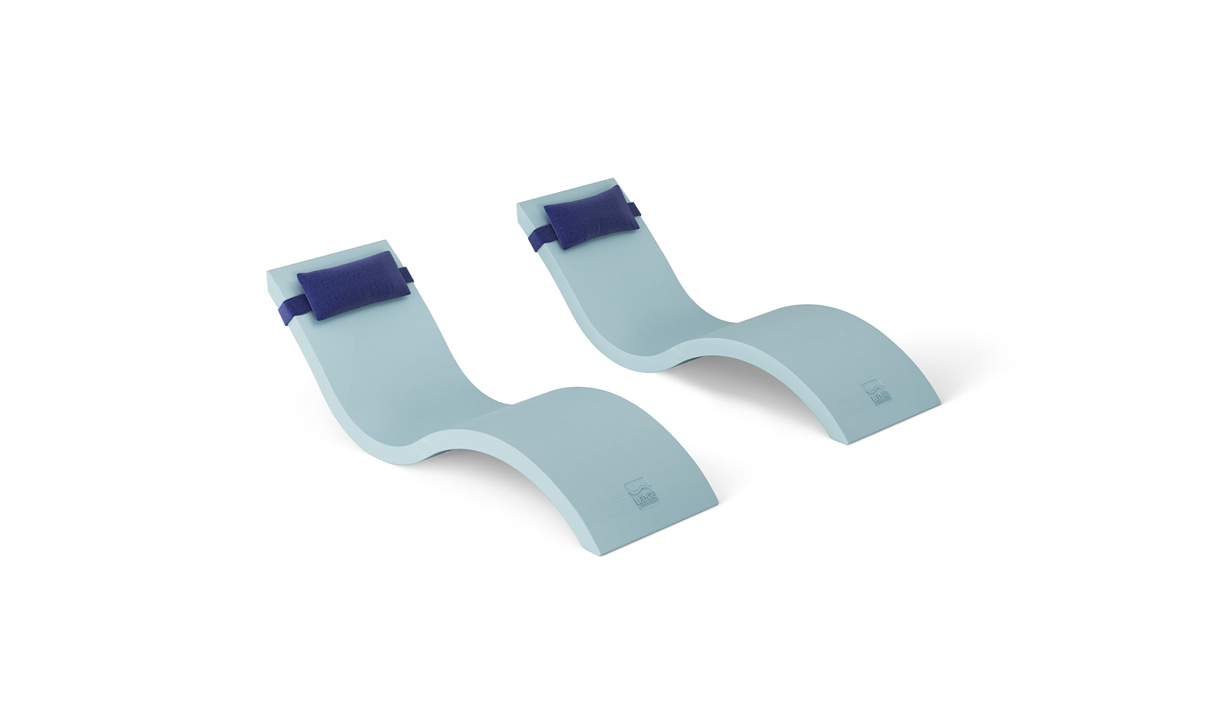 Two light blue, S-shaped yoga blocks with navy straps are on a white background. The design includes a raised section for wrist support during exercises, echoing the ergonomic comfort of Ledge Loungers Outdoor Escape In-Pool Furniture Bundle.